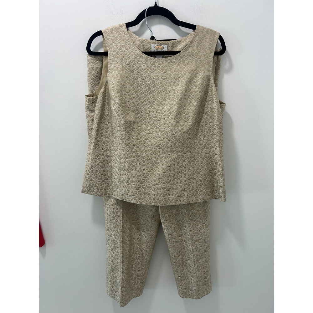 Talbots Petites Pure Silk 2 Piece Pant Set Gold Geometric Jacquard Size 16P